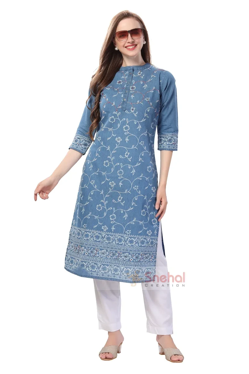 Designer Denim Long Kurti Pristine Floral Printed Denim Kurti With Thread Work